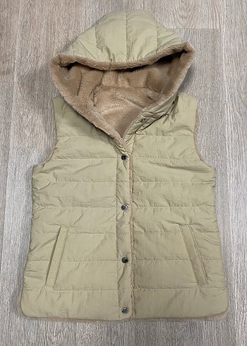 Kürklü Kapüşonlu Bej Kadın Yelek. Çift Yönlü - Görsel 3