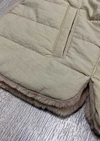 Kürklü Kapüşonlu Bej Kadın Yelek. Çift Yönlü - Görsel 5
