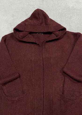 Bordo Kapüşonlu Triko Hırka - Görsel 2