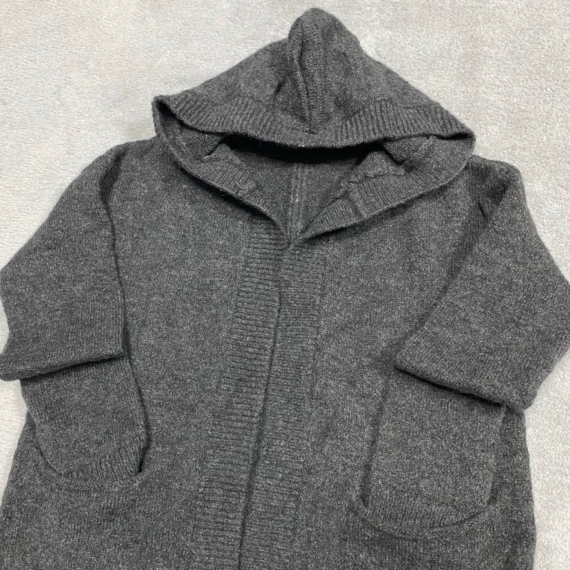 Kapüşonlu Gri Kadın Uzun Örgü Hırka - Görsel 2