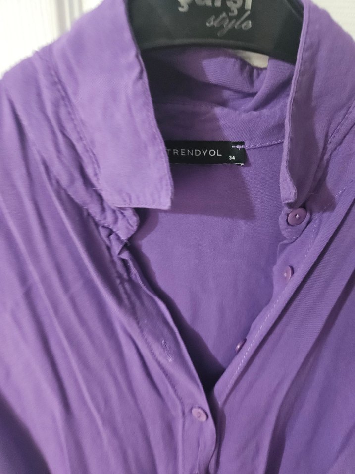 Mor Midi Boy Kadın Gömlek Elbise - Görsel 2