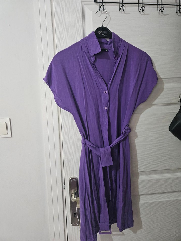 Mor Midi Boy Kadın Gömlek Elbise - Görsel 3