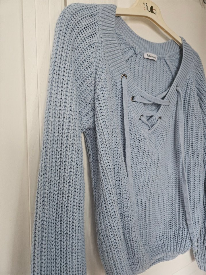 Mavi Bağcıklı Örgü Kadın Kazak - Görsel 3