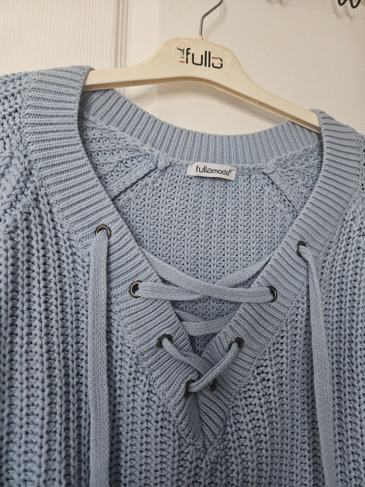 Mavi Bağcıklı Örgü Kadın Kazak - Görsel 2