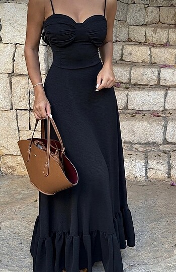 32 Beden Siyah uzun günlük pinterest elbise