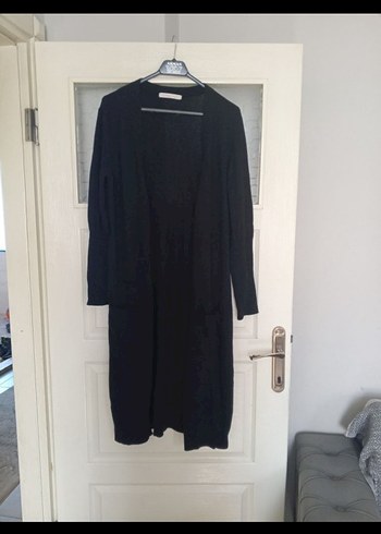 Uzun Siyah Kadın Keten Hırka - Görsel 2