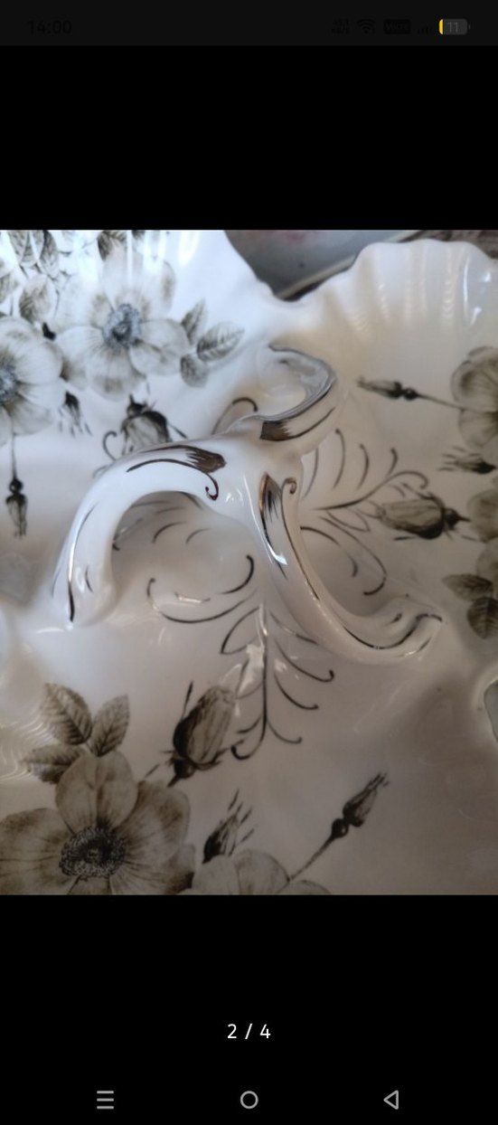 Vintage Gri Çiçek Desenli Beyaz Servis Tabağı - Görsel 2