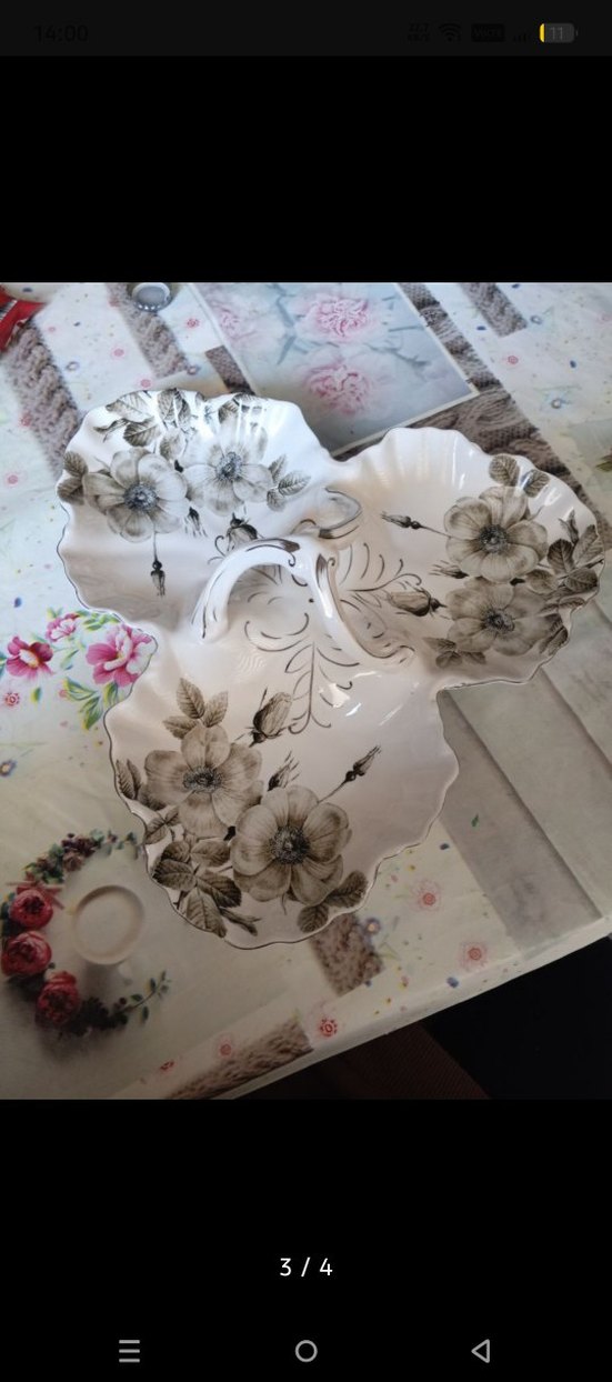 Vintage Gri Çiçek Desenli Beyaz Servis Tabağı - Görsel 3