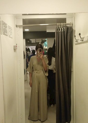 Bej Askılı Kayık Yaka Kadın Tulum