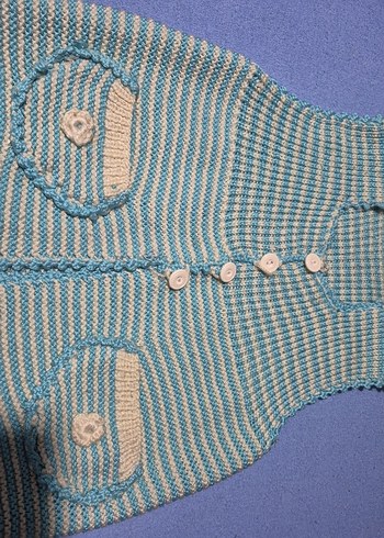 Kız Çocuk Mavi beyaz el örgüsü yelek..cepli - Görsel 2