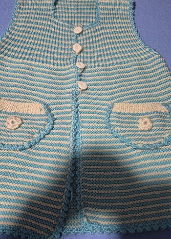 Kız Çocuk Mavi beyaz el örgüsü yelek..cepli - Görsel 3