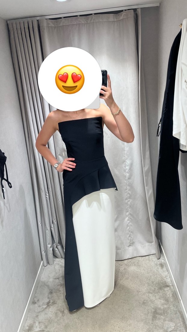 Siyah Beyaz Drapeli Straplez elbise - Görsel 4