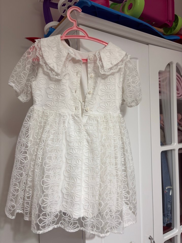 Beyaz Nakışlı Kız Çocuk Dantelli Elbise - Görsel 2