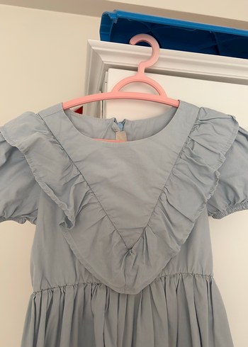 Gri Keten Kız Elbisesi Fırfırlı - Görsel 2