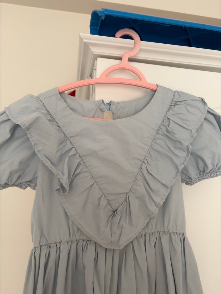 Gri Keten Kız Elbisesi Fırfırlı - Görsel 2