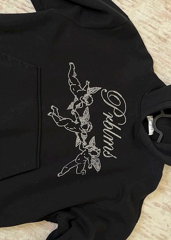 Siyah Kapüşonlu taşlı Oversize Sweatshirt - Görsel 5