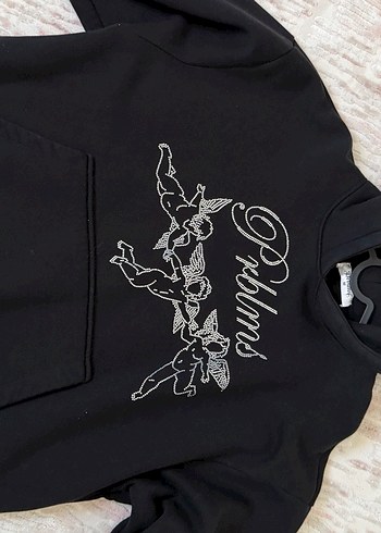 Siyah Kapüşonlu taşlı Oversize Sweatshirt - Görsel 4