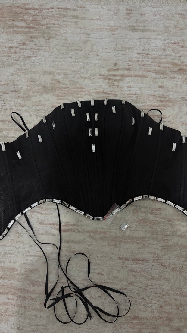 Uzun Siyah Deri Gotik Straplez Bustiyer korse - Görsel 4