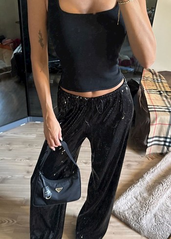 Parlak Siyah  Bol Kesim Midi Kadın Pantolon - Görsel 2