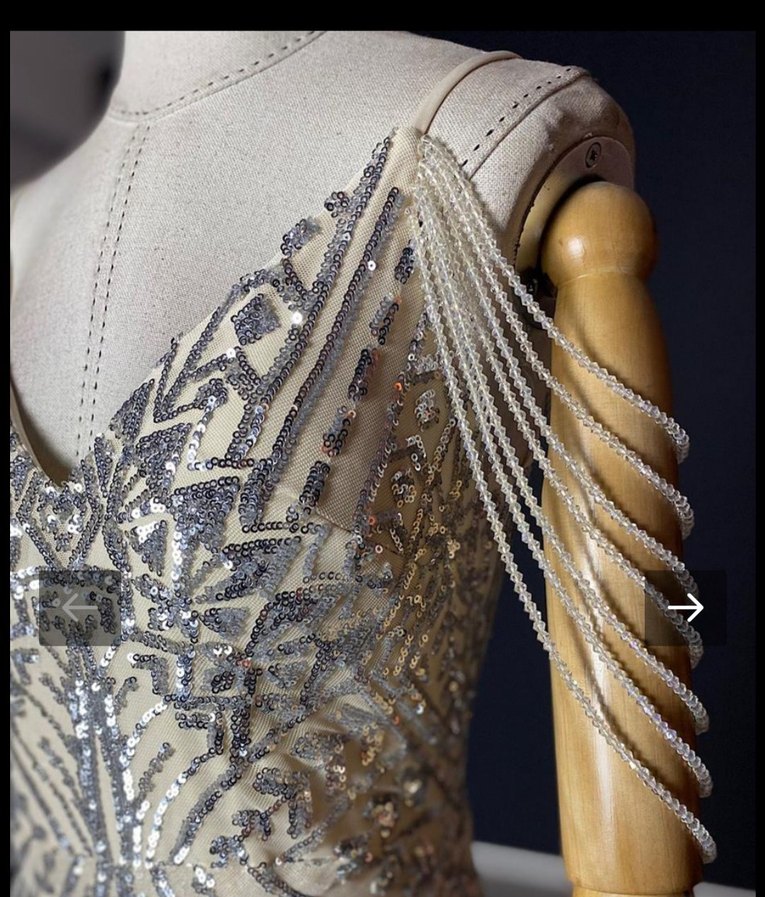 Bej İşlemeli Uzun V Yaka Kadın Abiye Elbise - Görsel 5