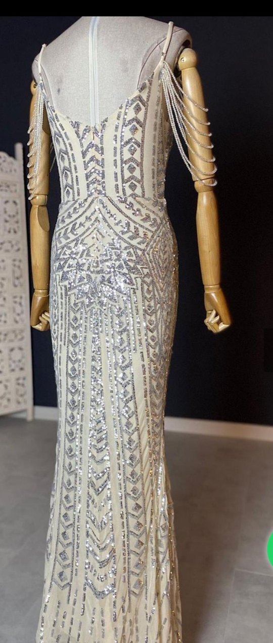 Bej İşlemeli Uzun V Yaka Kadın Abiye Elbise - Görsel 3