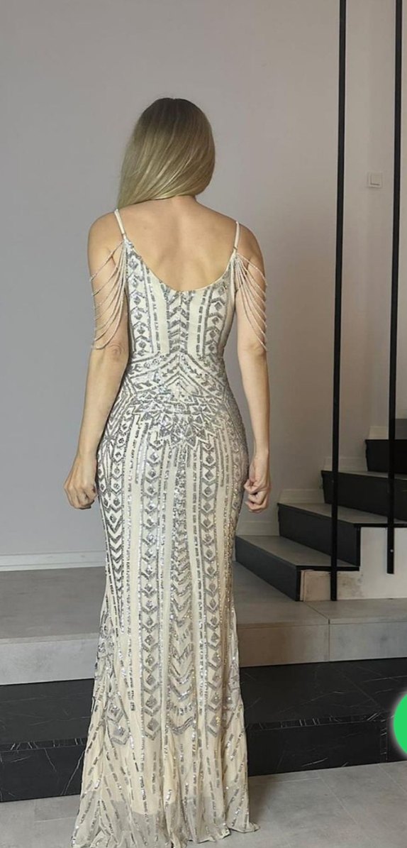 Bej İşlemeli Uzun V Yaka Kadın Abiye Elbise - Görsel 4