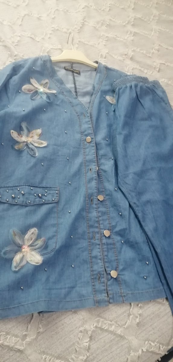 Mavi Nakışlı Kadın Kot ikili takım - Görsel 4