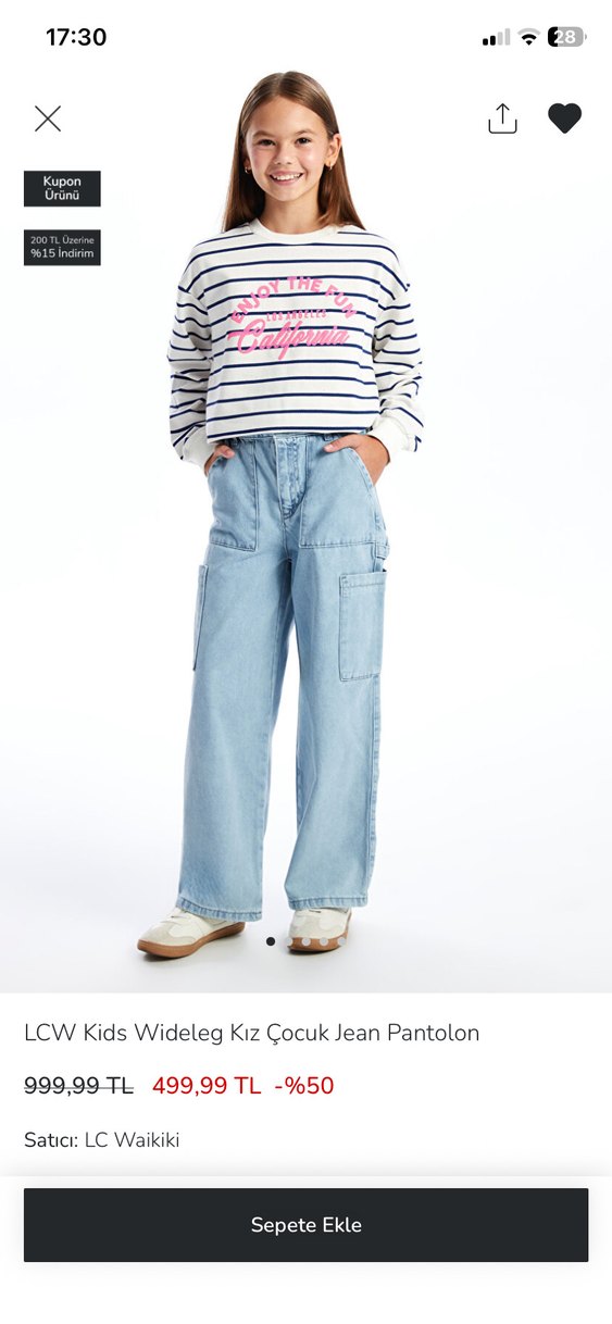 LCW Kids Kız Çocuk Geniş Paça Jean Pantolon - Görsel 2