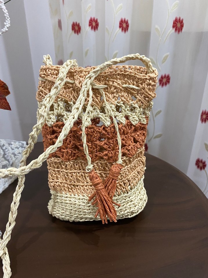Püsküllü Bej Bohem Örgü Kadın Çanta - Görsel 2