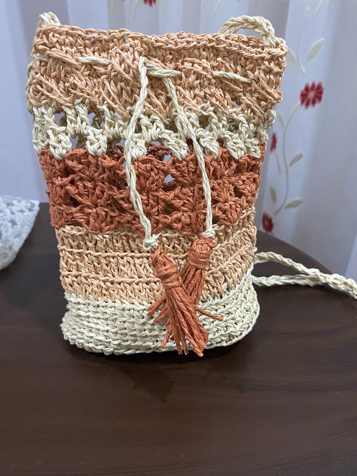 Püsküllü Bej Bohem Örgü Kadın Çanta - Görsel 3