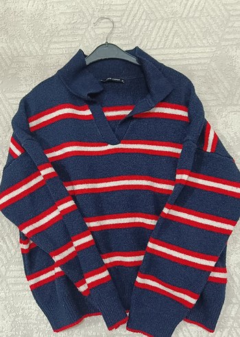 Çizgili, Polo Yaka Kadın Triko Kazak - Görsel 2