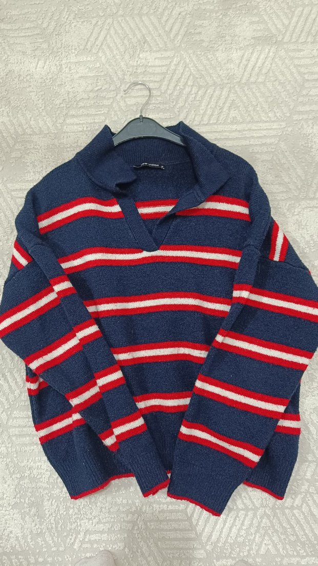 Çizgili, Polo Yaka Kadın Triko Kazak - Görsel 2