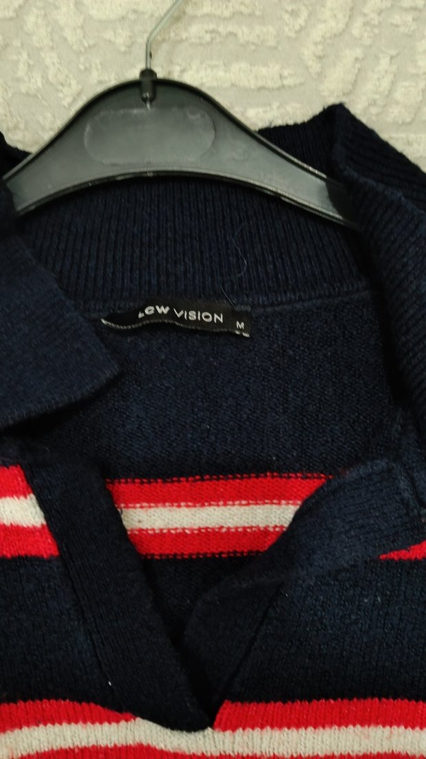 Çizgili, Polo Yaka Kadın Triko Kazak - Görsel 3