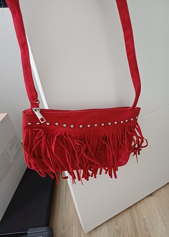 Püsküllü Kırmızı Süet Bohem Çanta - Görsel 2