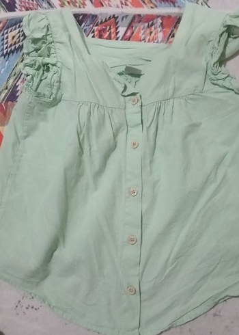 Kız Çocuk Yeşil Keten V Yaka Gömlek - Görsel 3