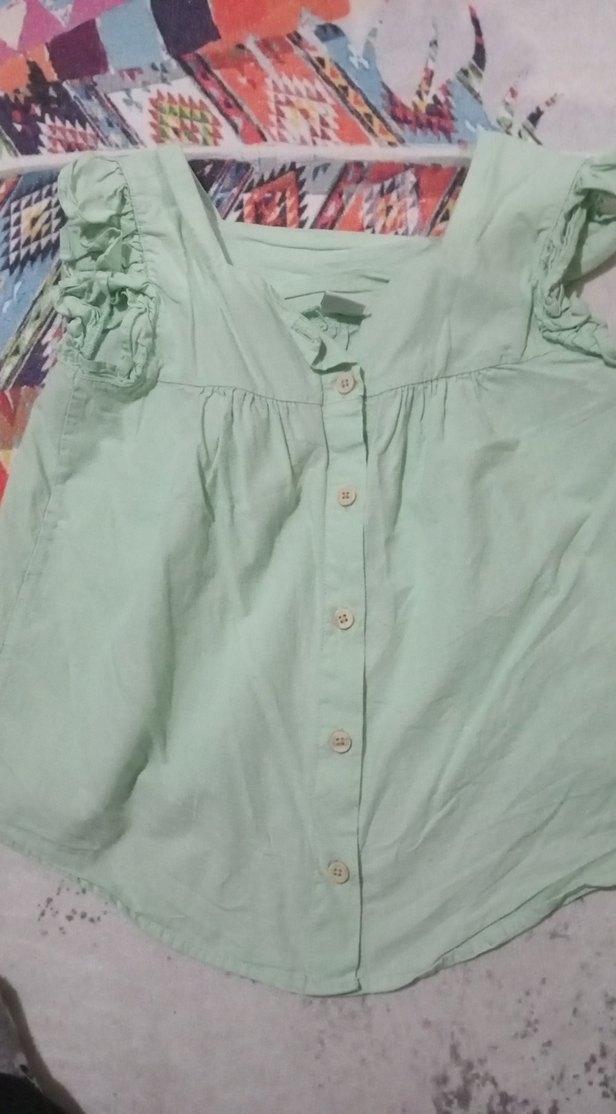 Kız Çocuk Yeşil Keten V Yaka Gömlek - Görsel 3