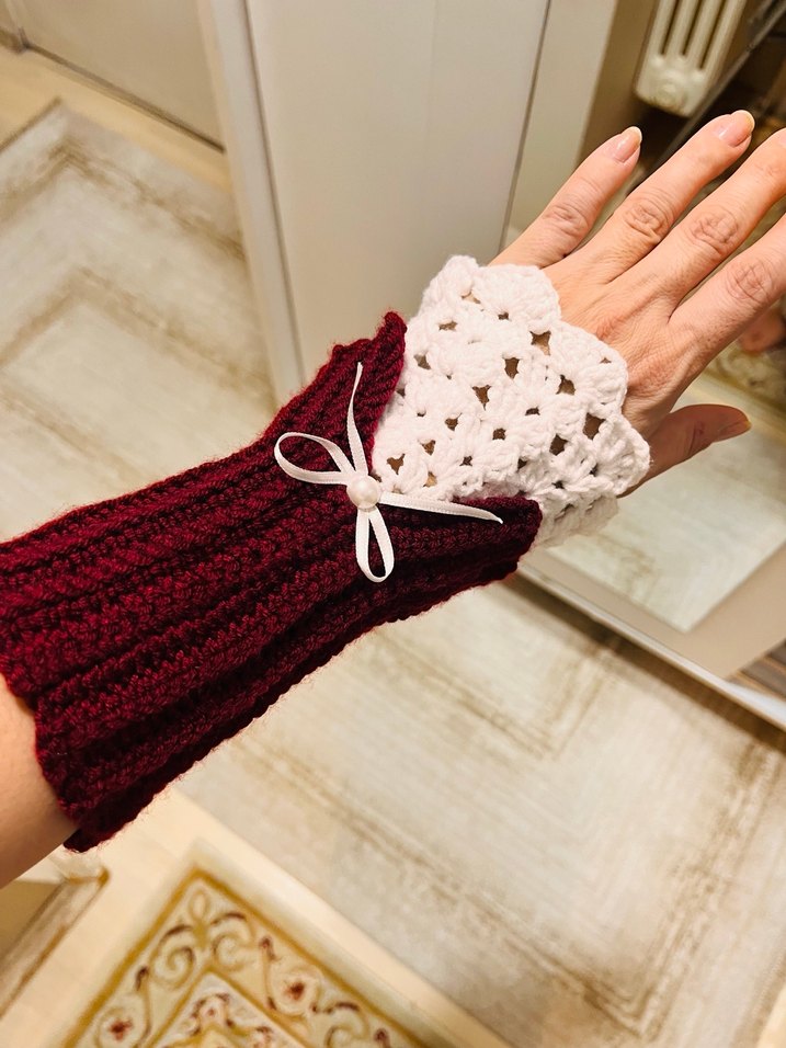 Bordo Örgü Bohem Kadın Eldiven - Görsel 2
