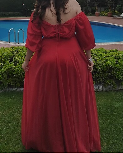 Zara Kırmızı Balon kol uzun simli abiye elbise
