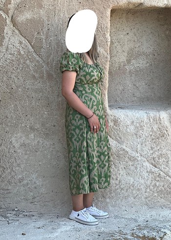 Yeşil Bağlama Desenli Midi Bohem Elbise