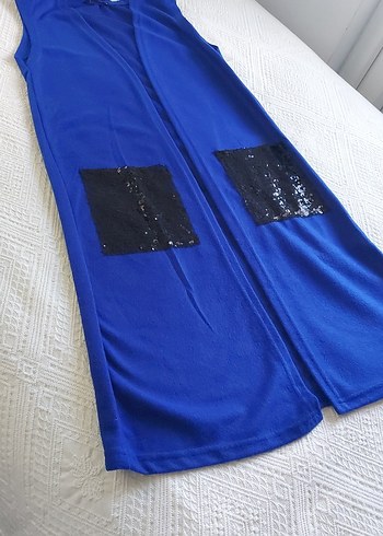 Mavi Uzun Kesim Kadın Yelek - Görsel 3