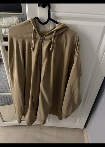 Bej Kapüşonlu Fermuarlı sweat oversize