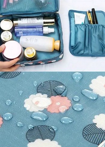 Mavi Çiçekli Bohem Kadın Makyaj Çantası Seyahat - Görsel 3