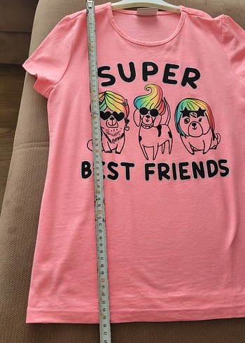 10 Yaş Beden pembe Renk Kız Çocuk Pembe Baskılı Kısa Kollu Tişört