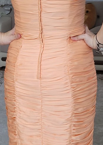 Bej Drapeli Straplez Uzun Abiye Elbise H&M marka - Görsel 8