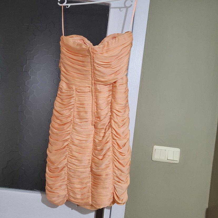 Bej Drapeli Straplez Uzun Abiye Elbise H&M marka - Görsel 2