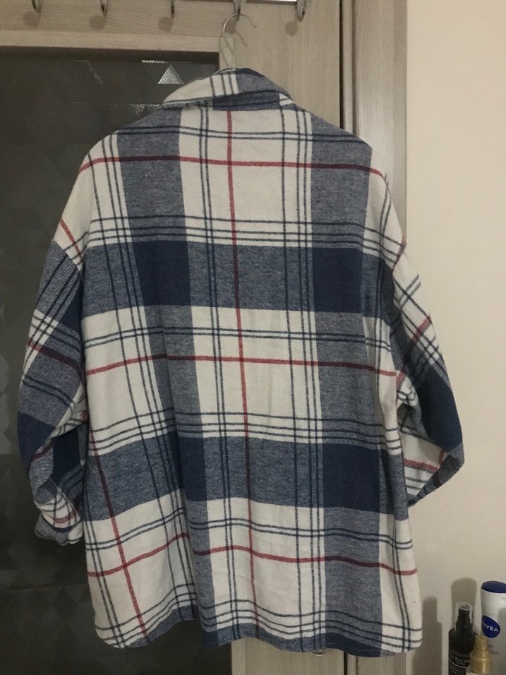 Düğmeli Gri Mavi Ekose Kadın Gömlek - Görsel 2