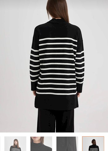 Siyah Beyaz Çizgili Salaş Triko Kadın Kazak - Görsel 2