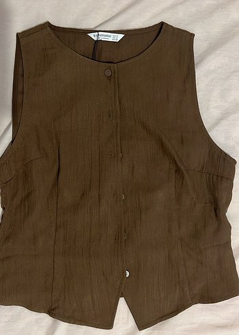 s Beden Stradivarius Düğmeli Keten Kahverengi Kadın Yelek