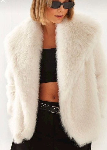 Beyaz Kadın Midi Peluş Kürk Ceket - Görsel 2