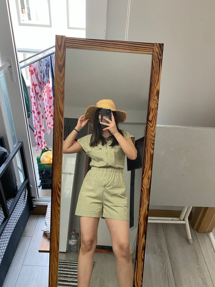 Kısa Kollu Haki Mini Tulum - Görsel 2